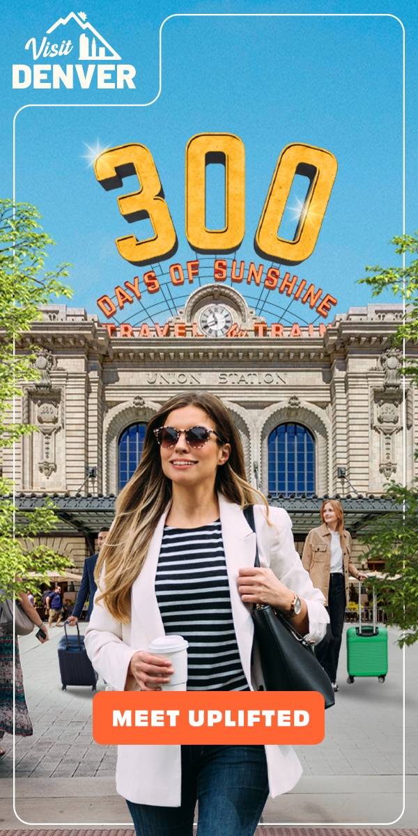 Woman in sunglasses and white blazer holds coffee, walking past Denver's Union Station. Bold "300 Days of Sunshine" text above.