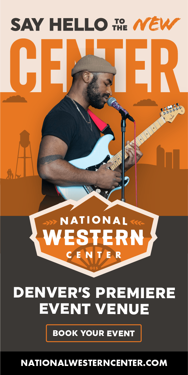 A man plays electric guitar and sings into a microphone on stage. Text promotes the National Western Center as Denver’s premiere event venue.