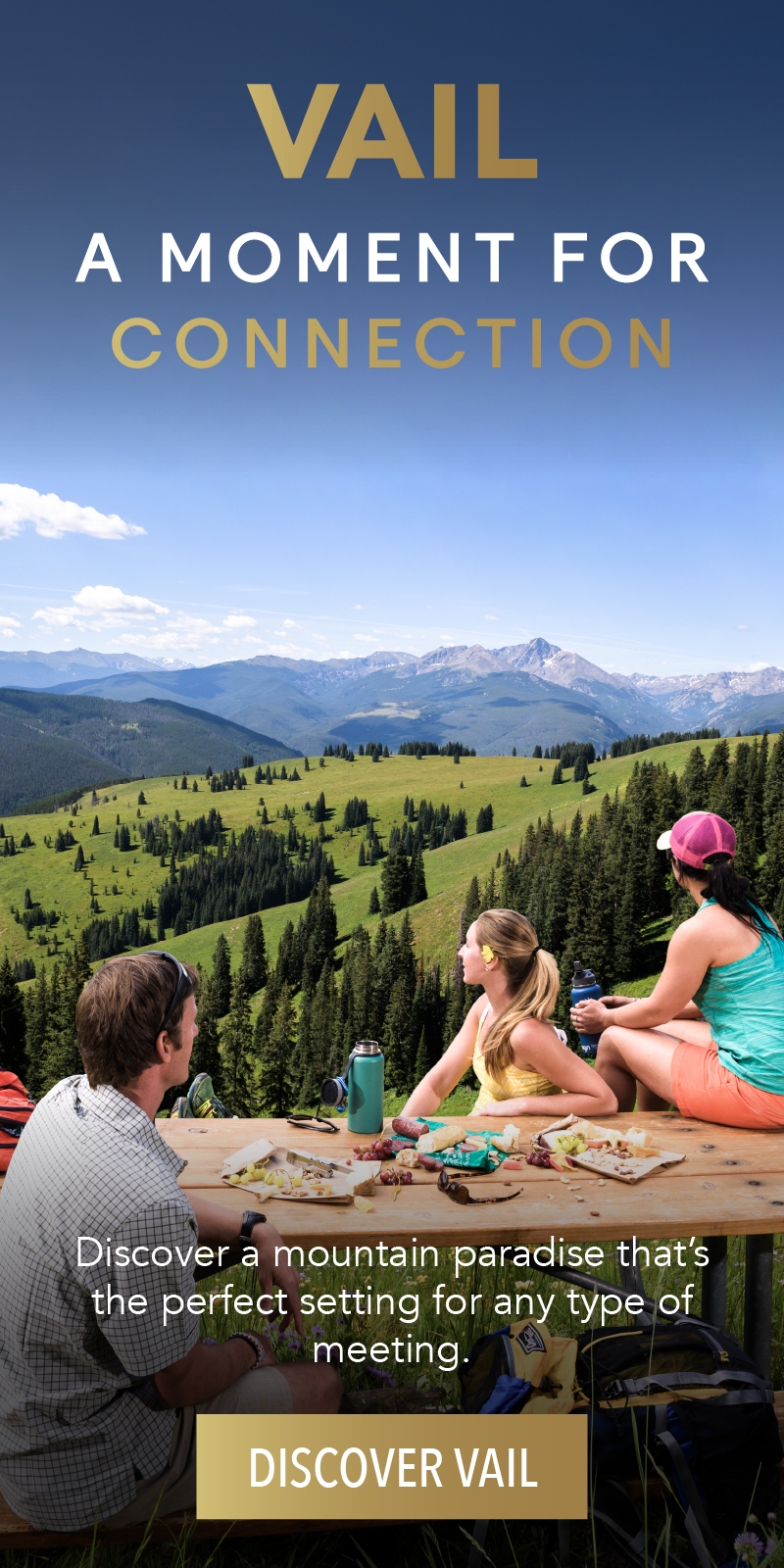 Four people sit at a picnic table on a grassy hillside, overlooking mountains under a partly cloudy sky, with food and drinks on the table.