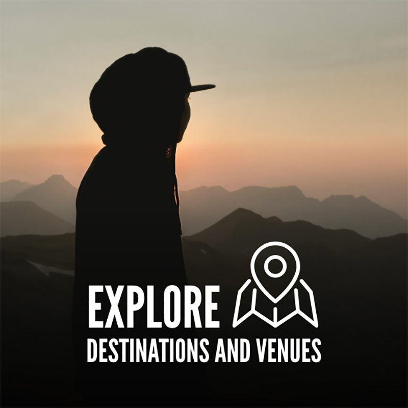 Silhouetted person in a hoodie looking at a mountainous landscape during sunset. Overlayed text reads, "Explore Colorado Conference Centers and Venues" with a map pin icon.