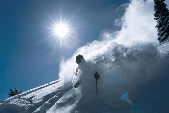 A skier descends a snow-covered mountain slope, creating a cloud of powder under bright sunlight against a clear blue sky.