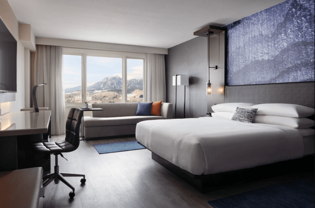 Modern hotel room with a king-sized bed, a desk with an office chair, a sofa by the window, and a view of mountains outside. The decor features dark walls, contemporary furnishings, and large artwork.